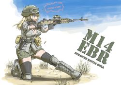 Rule 34 | 1girl, bad id, bad pixiv id, battle rifle, boots, breasts, casing ejection, cleavage, dakku (ogitsune), goggles, goggles on head, gun, handgun, helmet, holster, large breasts, m14, military, military uniform, rifle, shell casing, sleeves rolled up, solo, thighhighs, uniform, weapon, zettai ryouiki