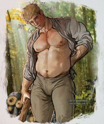 Rule 34 | 1boy, bara, bare pectorals, blonde hair, blush, brown pants, day, dungeon meshi, highres, laios touden, large pectorals, male focus, muscular, muscular male, open clothes, open shirt, outdoors, pants, pectorals, shirt, short hair, solo, twitter username, umikochannart, white shirt, yellow eyes