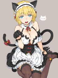 Rule 34 | 1girl, absurdres, animal ears, apron, arm support, bare shoulders, black footwear, black gloves, black thighhighs, blonde hair, blue eyes, bow, breasts, brown thighhighs, cat ears, cat girl, cat tail, cleavage, collarbone, detached collar, dress, frilled apron, frills, gloves, grey background, haimura kiyotaka, half gloves, highres, large breasts, looking at viewer, maid, maid apron, maid headdress, medium hair, open mouth, orsola aquinas, paw pose, red ribbon, ribbon, shoes, short sleeves, simple background, sitting, skirt, solo, speech bubble, tail, tail bow, tail ornament, tail ribbon, thighhighs, toaru majutsu no index, waist apron, wariza, white apron, zettai ryouiki