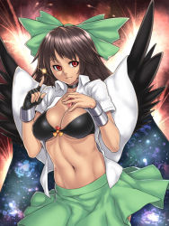 Rule 34 | 1girl, abs, bikini, bikini top only, bow, breasts, brown hair, cape, cleavage, female focus, fingerless gloves, gloves, hair bow, houtengeki, large breasts, long hair, navel, open clothes, open shirt, red eyes, reiuji utsuho, shirt, skirt, solo, swimsuit, touhou, underboob, wings