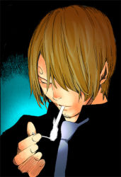 Rule 34 | 1boy, blonde hair, cigarette, colorized, formal, hair over one eye, male focus, matches, monochrome, necktie, obata takeshi, one piece, sanji (one piece), smoking, solo, suit, third-party edit