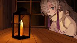 Rule 34 | 1girl, :&lt;, black eyes, cabin, candle, cevio, coat, commentary request, expressionless, from side, grey hair, hair ornament, hair over one eye, high collar, highres, histoire-ange, indoors, kamitsubaki studio, lantern, long hair, looking at viewer, looking to the side, multicolored hair, night, one eye covered, purple hair, sekai (cevio), single flame, solo, streaked hair, table, upper body, white coat, window, wooden table