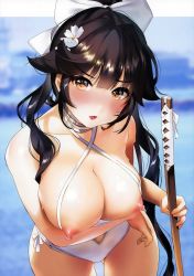 Rule 34 | 1girl, absurdres, azur lane, black hair, blurry, blurry background, blush, bow, breasts, brown eyes, brown hair, cleavage, cowboy shot, criss-cross halter, depth of field, flower, gluteal fold, hair bow, hair flaps, hair flower, hair ornament, halterneck, highres, holding, holding sword, holding weapon, huge filesize, katana, large breasts, leaning forward, long hair, looking at viewer, nipples, one-piece swimsuit, parted lips, ponytail, scan, smile, solo, sweat, nervous sweating, swimsuit, sword, takao (azur lane), takao (beach rhapsody) (azur lane), weapon, white bow, white flower, white one-piece swimsuit, yanyo (ogino atsuki)