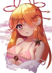 Rule 34 | 1girl, bikini, bikini top only, blush, bow, breasts, cleavage, collarbone, commentary, cropped torso, dayshiart, english commentary, freckles, hair bow, hair over one eye, heart, heart in eye, highres, large breasts, long hair, off-shoulder shirt, off shoulder, one eye covered, orange hair, original, pink bikini, red bow, shirt, solo, swimsuit, symbol in eye, yeezy (brand)