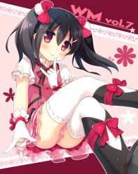Rule 34 | 10s, 1girl, black footwear, black hair, boots, bow, double m/, flower, gloves, hair bow, kira-kira sensation!, looking at viewer, love live!, love live! school idol project, m/, red eyes, ribbon, smile, solo, suimya, thighhighs, twintails, white gloves, white thighhighs, yazawa nico