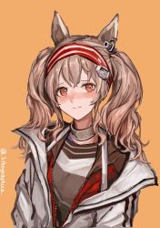 Rule 34 | 1girl, angelina (arknights), animal ears, arknights, blouse, blush, closed mouth, coat, collar, commentary, hairband, happy birthday, highres, jacket, light brown hair, lips, lithographica, long hair, looking at viewer, open clothes, open coat, open jacket, orange background, red eyes, red hairband, red jacket, shirt, solo, twintails, twitter username, upper body, white coat, white shirt