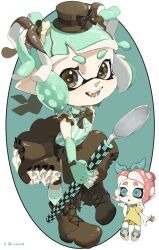 Rule 34 | 2girls, a a2001214, aqua background, aqua eyes, aqua gloves, aqua hair, boots, border, bow, bowtie, brown bow, brown bowtie, brown dress, brown eyes, brown footwear, brown headwear, chibi, commentary request, cross-laced footwear, dress, elbow gloves, fangs, fingerless gloves, frilled dress, frills, gloves, hat, highres, holding, holding spoon, inkling, inkling girl, inkling player character, looking at viewer, medium hair, multiple girls, nintendo, octoling, octoling girl, octoling player character, open mouth, outside border, pink hair, shirt, short hair, simple background, smile, splatoon (series), spoon, teeth, tentacle hair, top hat, white border, yellow shirt