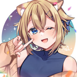 Rule 34 | 1girl, animal ear fluff, animal ears, anzu 1026, blonde hair, blue eyes, blue ribbon, confetti, fang, hair between eyes, hair ribbon, hand up, highres, index finger raised, indie virtual youtuber, light blush, lion ears, long sleeves, looking at viewer, one eye closed, open mouth, ribbon, shishihime romio, short hair, signature, sleeves past wrists, smile, solo, sweater, tears, upper body, virtual youtuber