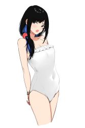 Rule 34 | 1girl, arms behind back, bare shoulders, black hair, blue eyes, blue hair, blush, bracelet, breasts, casual one-piece swimsuit, cleavage, collarbone, covered navel, frilled swimsuit, frills, goshiki suzu, grey background, highres, jewelry, long hair, medium breasts, multicolored hair, one-piece swimsuit, open mouth, original, red scrunchie, scrunchie, simple background, solo, sweat, swimsuit, two-tone hair, white background, white one-piece swimsuit
