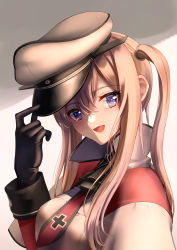 Rule 34 | 1girl, :d, absurdres, black gloves, blonde hair, breasts, capelet, gloves, graf zeppelin (kancolle), hair between eyes, hat, hat tip, highres, jacket, kantai collection, large breasts, looking at viewer, necktie, open mouth, peaked cap, purple eyes, sakurahuji-iro, sidelocks, smile, solo, twintails, upper body