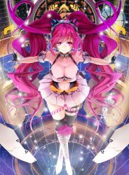 Rule 34 | 1girl, breasts, circle skirt, cleavage, female focus, fingerless gloves, gloves, highres, hopper, large breasts, long hair, navel, pink eyes, pink hair, rasis, skirt, smile, solo, sound voltex, sound voltex ii infinite infection, sound voltex iii gravity wars, very long hair
