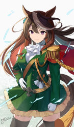 Rule 34 | 1girl, absurdres, animal ears, ascot, black thighhighs, brown hair, cape, closed mouth, cowboy shot, dated, dress, epaulettes, gloves, green dress, hair between eyes, highres, horse ears, horse girl, horse tail, long hair, long sleeves, may9, purple eyes, red cape, signature, single epaulette, smile, solo, symboli rudolf (umamusume), tail, thighhighs, umamusume, white ascot, white gloves, white hair