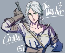 Rule 34 | 1girl, blouse, breasts, character name, ciri, collarbone, copyright name, gloves, green eyes, kurita shin&#039;ichi, lips, looking at viewer, scar, scar on face, shirt, simple background, solo, sword, the witcher (series), the witcher 3, weapon, white hair, white shirt
