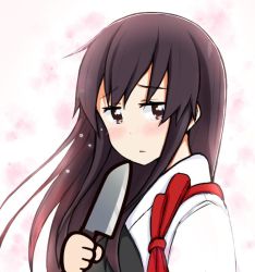 Rule 34 | 10s, 1girl, akagi (kancolle), atsushi (aaa-bbb), brown hair, japanese clothes, kantai collection, kitchen knife, long hair, muneate, solo, tearing up, tears