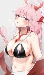 Rule 34 | 1girl, absurdres, between breasts, bikini, black bikini, blue archive, blush, breasts, commentary request, eimi (blue archive), electric fan, fake antlers, halo, hand fan, handheld electric fan, highres, holding, holding fan, jeon-eo konoshiro, korean commentary, large breasts, long hair, looking at viewer, navel, necktie, necktie between breasts, off shoulder, open clothes, parted lips, pink hair, purple eyes, red necktie, simple background, solo, stomach, sweat, swimsuit, upper body, wet