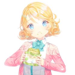 Rule 34 | 1girl, :t, blonde hair, blue bow, blue bowtie, blue eyes, bow, bowtie, bread, cardigan, chewing, collared shirt, food, food on face, holding, holding food, lace, long sleeves, looking at viewer, melon bread, original, saban, shirt, short hair, simple background, solo, swept bangs, upper body, white background, white shirt