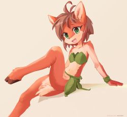 Rule 34 | 1girl, absurdres, ancesra, animal ears, animal nose, antenna hair, arm support, artist name, bandeau, barefoot, beige background, blush, body fur, brown hair, collarbone, deer ears, deer girl, deer tail, elora (spyro), female focus, flat chest, furry, furry female, green bandeau, green eyes, green skirt, happy, highres, hooves, leaf clothing, leaning back, leg up, light blush, looking at viewer, miniskirt, navel, open mouth, patreon username, red fur, revealing clothes, short hair, sidelocks, simple background, sitting, skirt, smile, solo, spyro (series), stomach, tail, tongue, two-tone fur, watermark, web address, white fur, wristband