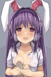 Rule 34 | 1girl, animal ears, blush, grabbing another&#039;s breast, breasts, grabbing, guided breast grab, guiding hand, heavy breathing, highres, long hair, looking at viewer, no bra, open clothes, open mouth, open shirt, purple hair, rabbit ears, red eyes, reisen udongein inaba, shirt, small breasts, tareme, touhou, upper body, white shirt, zuttokodomo