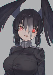 Rule 34 | 1girl, black hair, blush, breasts, buttons, don3, eyelashes, glowing, glowing eyes, grey background, hair between eyes, kemono friends, large breasts, open mouth, red eyes, short twintails, simple background, solo, teeth, turtleneck, twintails, upper teeth only, yatagarasu (kemono friends)