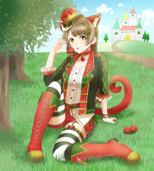Rule 34 | 1girl, absurdres, animal ears, arm ribbon, artist name, artist request, belt, black jacket, black legwear, blue sky, blush, boots, branch, breasts, bridal garter, brown belt, brown eyes, brown hair, brown ribbon, buttons, castle, cat ears, center frills, choker, cloud, collar, collarbone, cross-laced footwear, day, dress, earrings, female focus, frilled dress, frilled shirt, frills, full body, grey hair, hair ornament, hairclip, hat, hato chun2 (pixiv13252615), heart, heart (symbol), high boots, high heel boots, high heels, highres, holding, jacket, jewelry, knee boots, leaf hair ornament, leaf print, legwear garter, light brown hair, long hair, looking at viewer, love live!, love live! school idol festival, love live! school idol festival all stars, love live! school idol project, minami kotori, minami kotori (bird), nail, nail polish, necklace, outdoors, pants, parted lips, puffy shorts, red choker, red collar, red footwear, red hat, red nails, red pants, red shorts, ribbon, shirt, short shorts, shorts, single legwear garter, sitting, sky, smile, solo, striped legwear, tail, tomato, tree, two-tone stripes, vegetable wonderland (love live!), white dress, white legwear, white shirt, wrist ribbon, yellow eyes