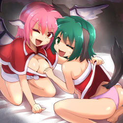 Rule 34 | 2girls, ;d, alternate costume, animal ears, arm support, ass, bare arms, bare legs, bare shoulders, barefoot, bed sheet, breasts, capelet, cleavage, clothes lift, commentary request, dress, dress lift, feathered wings, feet out of frame, green eyes, green hair, grey background, hair between eyes, head wings, kasodani kyouko, kneeling, lifting another&#039;s clothes, looking at viewer, looking back, medium breasts, multiple girls, mystia lorelei, no headwear, one eye closed, open mouth, panties, pink hair, pink panties, pom pom (clothes), red capelet, red dress, red eyes, santa costume, shadow, shiny skin, short dress, short hair, smile, strapless, strapless dress, sweat, tada no nasu, tail, thighs, touhou, underwear, v-shaped eyebrows, wings