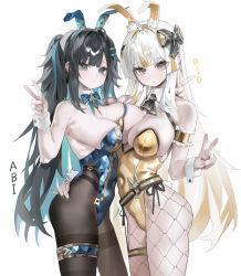 2girls abigail_(black_survival) abigail_(poker_face)_(black_survival) absurdres ahoge animal_ears armband armpit_crease bare_shoulders belt black_hair black_survival blonde_hair blue_eyes blue_hair blue_leotard bow bowtie breast_press breasts brown_pantyhose cleavage colored_inner_hair commentary covered_navel detached_collar eternal_return:_black_survival fake_animal_ears fishnet_pantyhose fishnets gradient_hair hair_bow hairband hand_on_another&#039;s_hip hand_up highleg highleg_leotard highres jewelry large_breasts leotard long_hair looking_at_viewer minami_rio minami_rio_(winning_shot) multicolored_hair multiple_girls official_alternate_costume one_side_up pantyhose playboy_bunny rabbit_ears side-tie_leotard sideboob skindentation strapless strapless_leotard symmetrical_docking thigh_strap thighband_pantyhose thighlet thighs two-tone_hair v very_long_hair white_hair wrist_cuffs yellow_eyes yellow_leotard yonchan