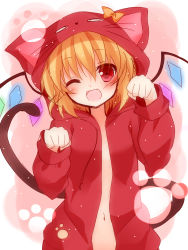 Rule 34 | 1girl, ;d, animal hood, bad id, bad pixiv id, blonde hair, cat hood, cat tail, fang, flandre scarlet, highres, hood, hoodie, mogu (au1127), naked hoodie, navel, one eye closed, open mouth, out-of-frame censoring, paw pose, red eyes, smile, solo, tail, touhou, wings, wink