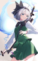 Rule 34 | 1girl, absurdres, ahoge, black hairband, black neckwear, breasts, closed mouth, collared shirt, commentary request, dated, fingernails, from below, frown, gradient background, green eyes, green skirt, green vest, grey background, hairband, highres, katana, konpaku youmu, konpaku youmu (ghost), long sleeves, looking to the side, medium breasts, scabbard, serious, sheath, shirt, shiu 29, short hair, silver hair, simple background, skirt, solo, standing, sword, thighs, touhou, v-shaped eyebrows, vest, weapon, white background, white shirt, wing collar, wrist cuffs