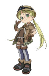 Rule 34 | 1girl, belt, black footwear, blonde hair, blue thighhighs, blush, boots, brown gloves, brown headwear, brown jacket, closed mouth, full body, glasses, gloves, green eyes, hand on own hip, hand up, headlamp, helmet, jacket, long hair, looking at viewer, made in abyss, open clothes, open jacket, riko (made in abyss), short sleeves, simple background, single vertical stripe, smile, solo, standing, thighhighs, twintails, very long hair, white background, white belt, yoko.u