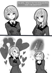 Rule 34 | 2girls, 2koma, blush, breasts, comic, english text, female pervert, greyscale, hand on own face, heart, imagining, kiss, looking up, medium breasts, missing stars, monochrome, multiple girls, natalya holm, natasha holm, own hands together, pervert, rocket, school uniform, sho-n-d, siblings, sisters, smile, twins