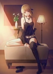 Rule 34 | 1girl, :o, arm behind back, artoria pendragon (all), artoria pendragon (fate), bare shoulders, barefoot, belt, belt buckle, black footwear, black jacket, black shorts, blonde hair, blue ribbon, boots, breasts, buckle, camisole, cleavage, collarbone, cp (tlstjdghek), fate/stay night, fate (series), full body, hair ribbon, head tilt, highres, indoors, jacket, jewelry, lamp, long sleeves, looking at viewer, necklace, off shoulder, official alternate costume, open clothes, open jacket, parted lips, ribbon, saber alter, saber alter (ver. shinjuku 1999) (fate), short hair, short shorts, shorts, sidelocks, single boot, sitting, small breasts, solo, thigh boots, thighhighs, unworn boots, vase, yellow eyes