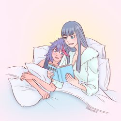 Rule 34 | 10s, 2girls, bed, blue eyes, blunt bangs, blush, book, eyebrows, height difference, herokick, highres, holding, holding pillow, hugging object, kill la kill, kiryuuin satsuki, long hair, matoi ryuuko, messy hair, multicolored hair, multiple girls, open book, open mouth, pillow, pillow hug, reading, short hair, siblings, sisters, smile, streaked hair, thick eyebrows