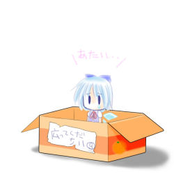 Rule 34 | blue eyes, blue hair, box, cardboard box, circled 9, cirno, for adoption, in box, in container, mad (kusakabe), sad, solo, teardrop, touhou, translated, white background, wings