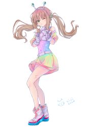 Rule 34 | 1girl, absurdres, brown hair, dress, gloves, green eyes, gridman universe, gridman universe (film), hair ornament, highres, long hair, looking at viewer, minami yume, official alternate costume, one eye closed, scar, scar on leg, science fiction, signature, simple background, skirt, space, star (symbol), ting v322, white background, white gloves