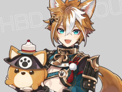 Rule 34 | 1boy, 8 (e uu88), animal ears, aqua eyes, armor, black gloves, blush, brown hair, cake, character name, commentary request, dog boy, dog ears, dog tail, fang, fingerless gloves, food, genshin impact, gloves, gorou (genshin impact), grey background, hair ornament, happy birthday, highres, holding, japanese armor, japanese clothes, looking at viewer, male focus, multicolored hair, paw print, simple background, tail, tassel, upper body, white hair