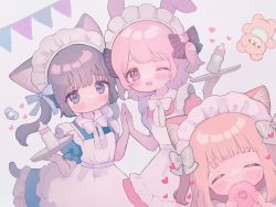 Rule 34 | 3girls, :o, ;d, ^ ^, ame usako, animal ear fluff, animal ears, apron, baby bottle, bear hair ornament, black hair, blue bow, blue dress, blush, bottle, bow, brown hair, rabbit ears, cat ears, cat girl, cat tail, closed eyes, collared dress, commentary request, doughnut, dress, eating, closed eyes, food, green bow, grey background, hair bow, hair ornament, holding, holding food, holding tray, long hair, maid, maid apron, maid headdress, multiple girls, one eye closed, open mouth, original, parted lips, pennant, pink dress, pink hair, puffy short sleeves, puffy sleeves, short sleeves, simple background, smile, string of flags, striped, striped bow, stuffed animal, stuffed toy, tail, teddy bear, tray, twintails, two side up, white apron, white bow