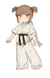 Rule 34 | 1girl, barefoot, belt, black belt, bow, brown hair, child, chinese commentary, closed mouth, commentary request, dougi, full body, hair bow, hand on own hip, highres, kuma-bound, looking at viewer, martial arts belt, multiple hair bows, orange eyes, original, pants, red bow, short hair, short twintails, simple background, smile, solo, standing, toes, twintails, v-shaped eyebrows, white background, white pants
