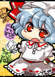 Rule 34 | 5girls, blue hair, book, braid, chibi, fang, female focus, flandre scarlet, hand on own hip, hat, hong meiling, izayoi sakuya, knife, knife in head, letterboxed, lowres, maid, mob cap, multiple girls, object through head, orange background, partially colored, patchouli knowledge, red eyes, remilia scarlet, solo focus, tears, touhou, twin braids, wings