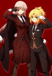 Rule 34 | 2girls, blonde hair, braid, butler, buttons, coat, commentary request, cowboy shot, fate/grand order, fate (series), female butler, florence nightingale (fate), florence nightingale (formal dress) (fate), flower, formal, fur trim, gloves, green eyes, jacket, jacket on shoulders, long hair, mordred (fate), mordred (fate/apocrypha), mordred (formal dress) (fate), multiple girls, necktie, oiun, open mouth, pantyhose, pink hair, ponytail, red eyes, sawashiro miyuki, skirt, skirt suit, smile, suit, v, v over eye, vest, voice actor connection, wing collar