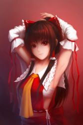 Rule 34 | 1girl, arm ribbon, armpits, arms behind head, arms up, ascot, bow, breasts, brown hair, detached sleeves, frilled shirt collar, frills, gradient background, hair bow, hair tubes, hakurei reimu, hand in own hair, light, long hair, looking at viewer, medium breasts, midriff, neonil, ponytail, red background, red eyes, red skirt, ribbon, ribbon-trimmed shirt, sarashi, sideboob, skirt, smile, solo, touhou, uneven eyes, upper body