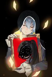 Rule 34 | 1girl, absurdres, angela (project moon), black background, black veil, blue hair, brown hair, censored, closed eyes, closed mouth, drawing (object), head tilt, high ponytail, highres, holding, holding drawing, identity censor, library of ruina, long hair, msx (mis4xi), pages, picture frame, project moon, short hair, simple background, smile, solo, veil, very long hair