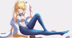 Rule 34 | 1girl, absurdres, arm support, arm up, artoria pendragon (all), artoria pendragon (fate), artoria pendragon (swimsuit ruler) (fate), bare shoulders, blonde hair, blue necktie, blue pantyhose, braid, breasts, buta (sakana9785), center opening, chromatic aberration, cleavage, detached collar, fate/grand order, fate (series), female focus, fishnet pantyhose, fishnets, french braid, from side, full body, fur (clothing), gold trim, green eyes, grey background, hair between eyes, high heels, highres, knee up, leotard, long hair, looking at viewer, medium breasts, navel, necktie, pantyhose, parted lips, playboy bunny, ponytail, rabbit ears, shoes, unworn shoes, short necktie, sidelocks, simple background, sitting, solo, strapless, strapless leotard, tiara, very long hair, white footwear, white leotard, wrist cuffs, yellow headwear