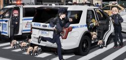 Rule 34 | 0 0, 1other, 6+girls, :3, alternate costume, american flag, assault rifle, ballistic shield, banana (girls&#039; frontline), baseball cap, black footwear, black hair, black jacket, blonde hair, boots, breast pocket, car, carbine, character name, commentary request, cropped, crosswalk, cuffs, dinergate (girls&#039; frontline), dongdong (0206qwerty), electroshock weapon, ford, girls&#039; frontline, graffiti, grizzly mkv (girls&#039; frontline), gun, hairband, handcuffs, handgun, hat, heterochromia, highres, holding, holding gun, holding handcuffs, holding megaphone, holding weapon, holster, holstered, jacket, kolibri, less-than-lethal weapon, low ponytail, m4 carbine, m4 sopmod ii, m4 sopmod ii (girls&#039; frontline), m4 sopmod ii jr, megaphone, motor vehicle, multicolored hair, multiple girls, new york city, new york city police department, open mouth, people, pink hair, pistol, pocket, police, police car, police uniform, real world location, red hair, rifle, riot shield, ro635 (girls&#039; frontline), road sign, robot, scenery, shield, sign, sports utility vehicle, st ar-15 (girls&#039; frontline), taser, taser x26, taxi, teeth, traffic light, uniform, vehicle focus, weapon