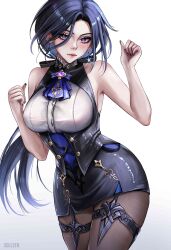 Rule 34 | 1girl, artist name, bare arms, bare shoulders, black skirt, blue hair, clorinde (genshin impact), commentary, corset, cowboy shot, earrings, genshin impact, gradient background, grey background, hashtag-only commentary, highres, jewelry, long hair, looking at viewer, miniskirt, pantyhose, pencil skirt, purple eyes, shirt, skirt, sleeveless, sleeveless shirt, solleen, solo, standing, thigh strap, thighs, very long hair, white background, white shirt