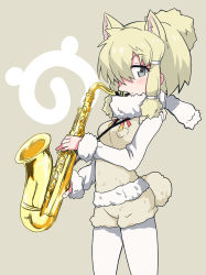 Rule 34 | 10s, 1girl, alpaca ears, alpaca suri (kemono friends), animal ears, beige background, beige shorts, beige vest, blonde hair, blush, breasts, commentary request, cowboy shot, fur-trimmed sleeves, fur collar, fur trim, grey eyes, hair over one eye, highres, instrument, itamochi, japari symbol, kemono friends, long sleeves, looking at viewer, medium breasts, music, neck ribbon, pantyhose, pantyhose under shorts, playing instrument, ribbon, saxophone, shirt, short hair, short hair with long locks, shorts, sidelocks, simple background, solo, standing, tail, vest, white pantyhose, white shirt