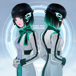 Rule 34 | 2girls, absurdres, aqua hair, back-to-back, black hair, blue eyes, blunt bangs, bow, breasts, copyright name, dual persona, highres, humagear headphones, is (kamen rider 01), jacket, kamen rider, kamen rider 01 (series), lips, lipstick, long sleeves, makeup, medium breasts, medium hair, multicolored hair, multiple girls, nail polish, own hands together, parashima tenko, robot ears, skirt, spoilers, streaked hair, two-tone hair, upper body, white jacket