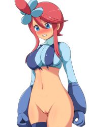 Rule 34 | 1girl, blue eyes, blue gloves, blue jacket, blush, bottomless, breasts, censored, clenched teeth, commentary request, cowboy shot, creatures (company), crying, game freak, gloves, hair between eyes, hair ornament, highres, jacket, kaimu (qewcon), mosaic censoring, navel, nintendo, one side up, pokemon, pokemon bw, pussy, short hair with long locks, sidelocks, skyla (pokemon), solo, sweat, tears, teeth, torn clothes, turtleneck
