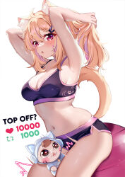 Rule 34 | 1girl, adjusting hair, animal ear fluff, animal ears, arms up, black sports bra, blonde hair, breasts, cat ears, cat girl, cat tail, cleavage, commentary, english commentary, facial mark, hair between eyes, highres, indie virtual youtuber, long hair, looking at viewer, medium breasts, meme, navel, pokatto (squchan), red eyes, shorts, shyrei faolan, sitting, sports bra, squchan, tail, twitter strip game (meme), virtual youtuber, whisker markings