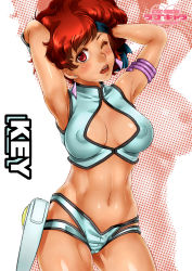 Rule 34 | 1girl, armpits, arms behind head, arms up, bare arms, bare legs, blush, breasts, breasts apart, cameltoe, character name, cleavage, cleavage cutout, clothing cutout, covered erect nipples, cowboy shot, crop top, dirty pair, earrings, gloves, head tilt, headband, highres, holster, jewelry, kei (dirty pair), large breasts, legs, legs apart, looking at viewer, midriff, navel, one eye closed, parted lips, puffy areolae, puffy nipples, red eyes, red hair, sakuradou, shiny skin, short hair, short shorts, shorts, simple background, sleeveless, solo, standing, thighs, wink