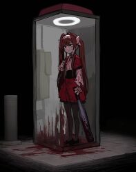 Rule 34 | 1girl, baseball bat, black background, black eyes, black footwear, black pantyhose, blood, blood on clothes, blood on face, blood on ground, bloody weapon, bow, brown hair, ch4a, closed mouth, door, dress, full body, hair intakes, hairband, halo, high-waist skirt, highres, holding, holding baseball bat, holding weapon, long hair, long sleeves, looking at viewer, original, pantyhose, parted lips, phone booth, puffy long sleeves, puffy sleeves, red dress, red skirt, shirt, shoes, skirt, solo, standing, twintails, very long hair, weapon, white hairband, white shirt